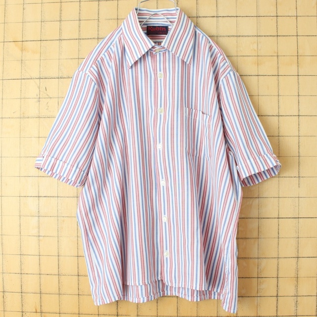 70s80s EURO RubinストライプシャツLレッドブルー半袖 ss122