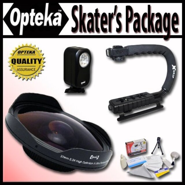 Opteka デラックス「スケーター」パッケージ (OPT-SC37FE プラチナシリーズ0.3X HDウルトラ魚眼レンズ、X-GRIPカムコーダーハンドル、3ワットビ