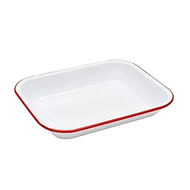 (Solid White with Red Trim) - Enamelware Small Roasting Pan - Solid White with Red Rim