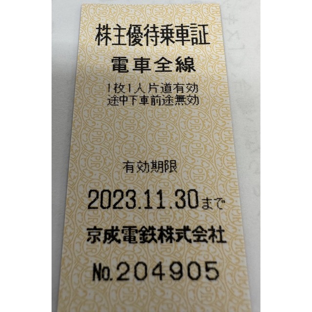 最新【株主優待乗車券】京成電鉄（7枚）　R5.11.30.まで 1