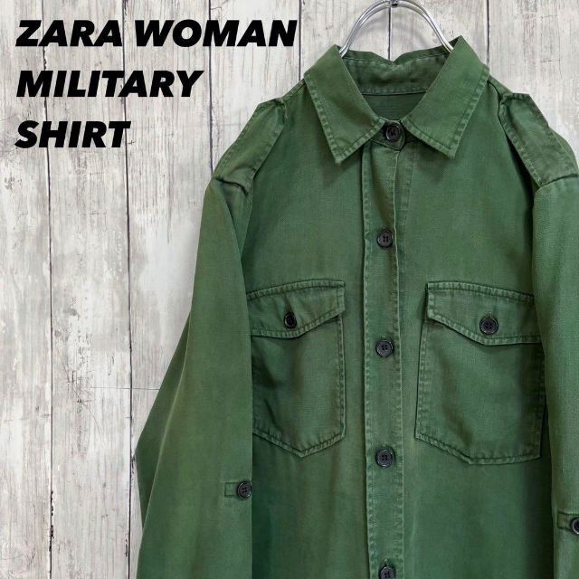 ZARA(ザラ)のレディース古着ZARAザ長袖レーヨンミリタリーシャツ　サイズM オリーブグリーン レディースのトップス(シャツ/ブラウス(長袖/七分))の商品写真