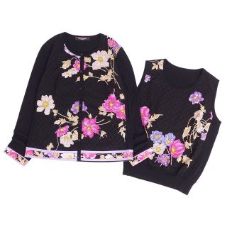 極美品 レオナール LEONARD FASHION アンサンブル カーディガン ブラウス 花柄 ニット切替 トップス レディース 40(M相当) マルチカラー