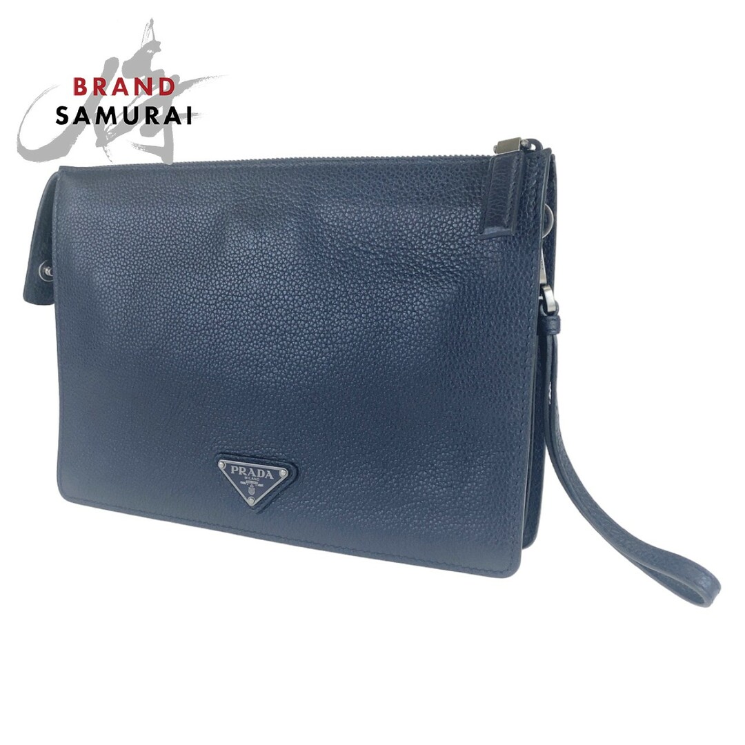 PRADA プラダ 三角ロゴプレート ネイビー 紺色 シルバー金具 レザー セカンドバッグ クラッチバッグ メンズ 401471