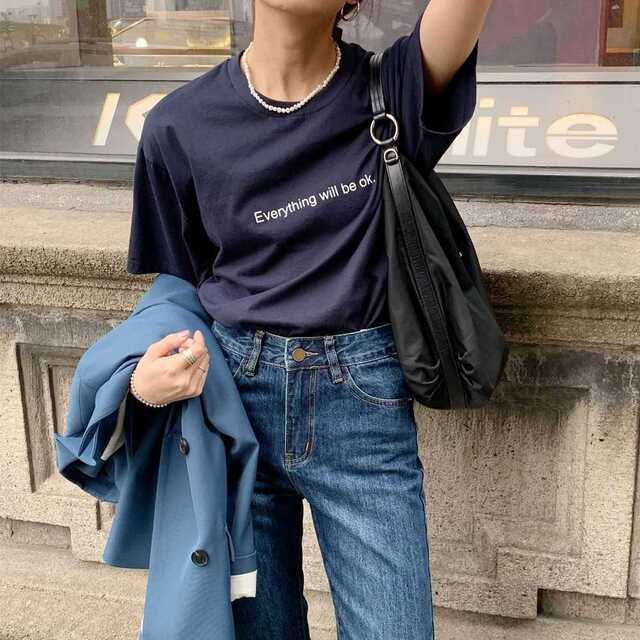 レディース Tシャツ レディーストップス 半袖 カットソー 韓国ファッション 体型カバー 英字ロゴ ネイビー Tシャツ 