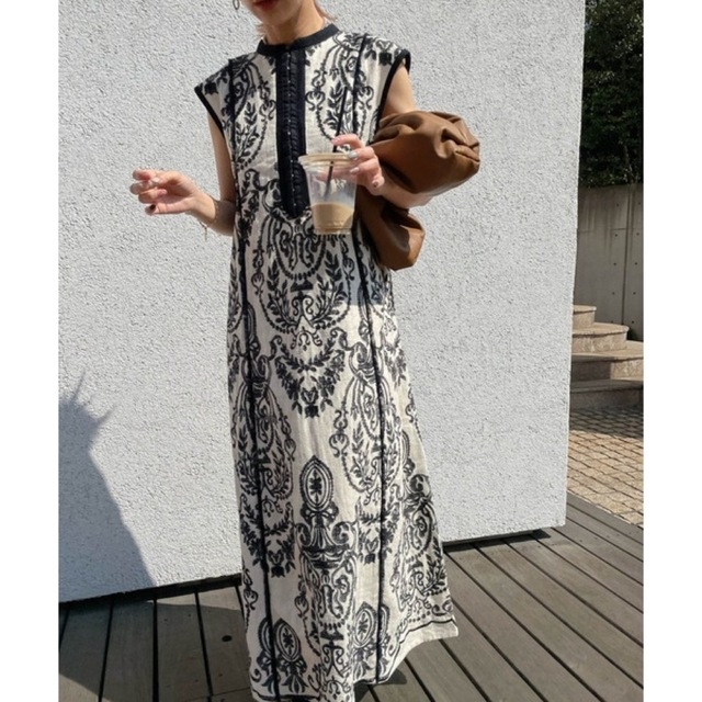 Ameri VINTAGE - 値下げ DAMASK EMBROIDERY LINEN DRESSの通販 by