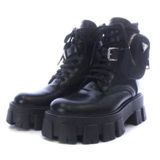 プラダ(PRADA)のプラダ モノリス ブラッシュドロイスレザー ナイロン コンバットブーツ 37 黒(ブーツ)