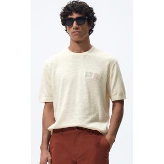 ザラ(ZARA)のZARA MANエンブロイダリーニットTシャツ オフホワイト(Tシャツ/カットソー(半袖/袖なし))