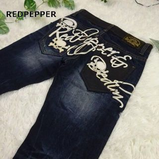 レッドペッパー(REDPEPPER)のレッドペッパー　スカルデザインビッグロゴ　ユーズド加工スリムシルエット　28(デニム/ジーンズ)