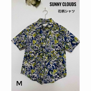 サニークラウズ(Sunny clouds（FELISSIMO）)のSUNNY CLOUDS 水彩絵プリント　コットンシャツ　M ネイビー×イエロー(シャツ/ブラウス(半袖/袖なし))