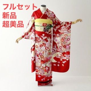 【新品超美品】振袖　フルセット　セット正絹　紗綾形地紋の鮮やかな赤色振袖　成人式(振袖)