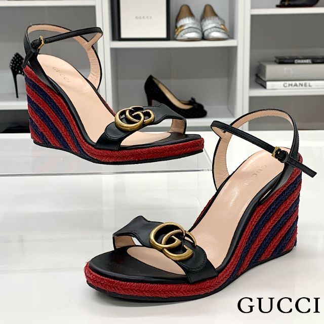 Gucci - 6566 グッチ ダブルG レザー エスパドリーユ ウェッジサンダル