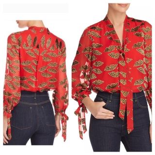 新品 alice+olivia リップ×レオパード柄 ボウタイ シルクブラウス