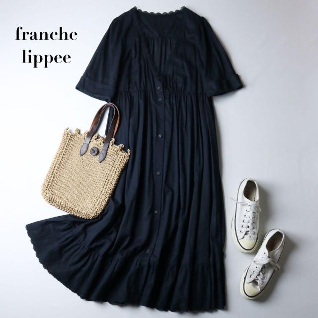 franche lippee(フランシュリッペ)のフランシュリッペ / レース ロングワンピース 黒 半袖 ガウンワンピース レディースのワンピース(ロングワンピース/マキシワンピース)の商品写真