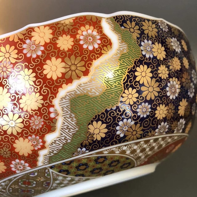 N90、前畑陶器 庫山窯 金彩七宝紋 盛り鉢 菓子鉢菊 唐草 金彩絵柄