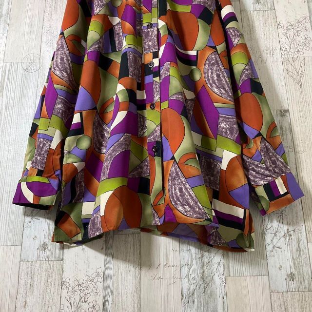 柄シャツ レディース 長袖 L 紫 古着 総柄 幾何学模様 昭和 柄シャツ レディース 長袖 L 紫 古着 総柄 幾何学模様 昭和