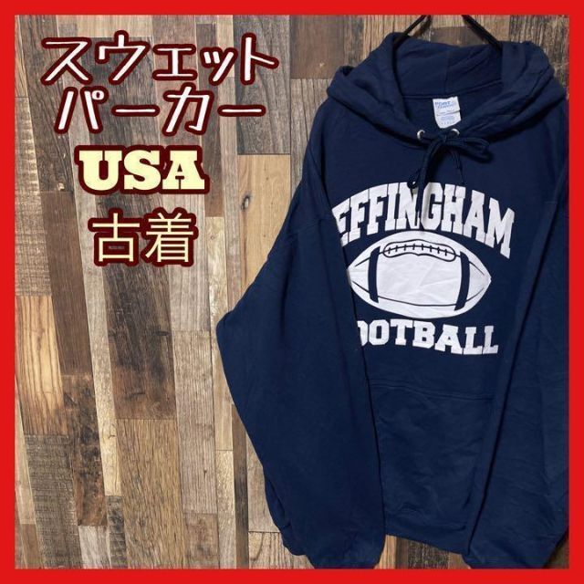 ネイビー プリント メンズ パーカー L USA 90s 長袖 スウェット