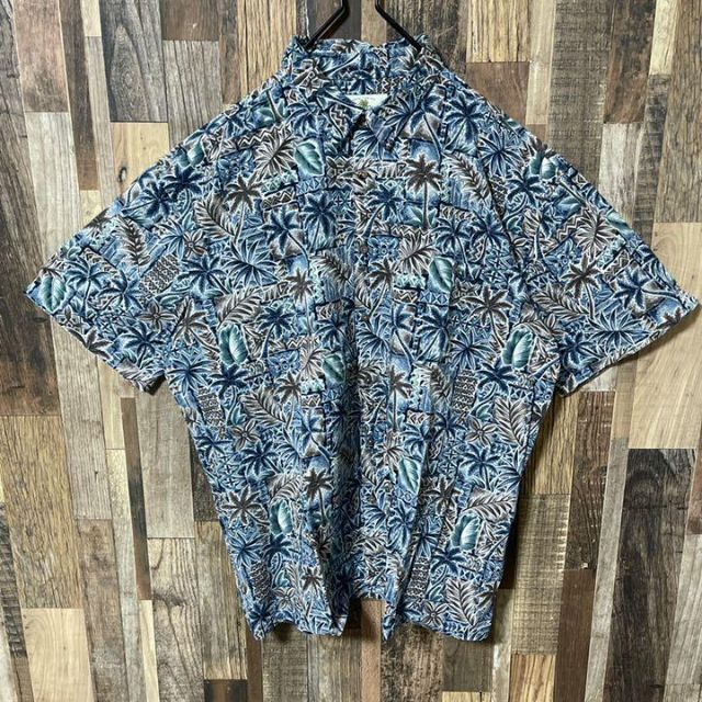 柄シャツ 総柄 メンズ 2XL ネイビー アロハシャツ USA 90s 半袖