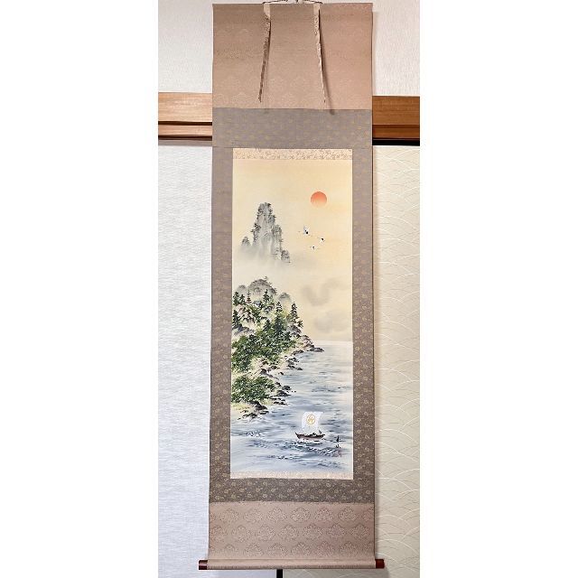 掛軸 寿仙『山水 宝船図』日本画 絹本 肉筆 良好品 掛け軸 R002の通販