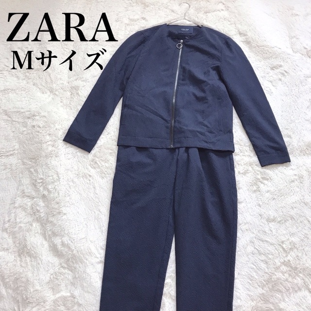 美品 ZARA MAN ザラ 薄手 ファスナー セットアップ ネイビー 総柄