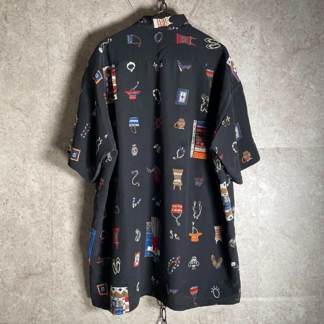 日本製ヴィンテージ サテンアロハシャツ 柄シャツ 宝箱アクセサリーフランス