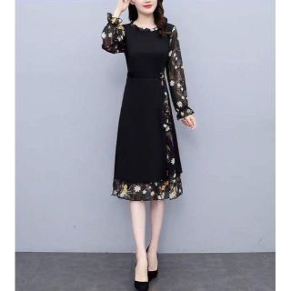 新品　ロングワンピース　花柄　華やか　Aライン　上品　韓国　ブラック　3XL(ひざ丈ワンピース)