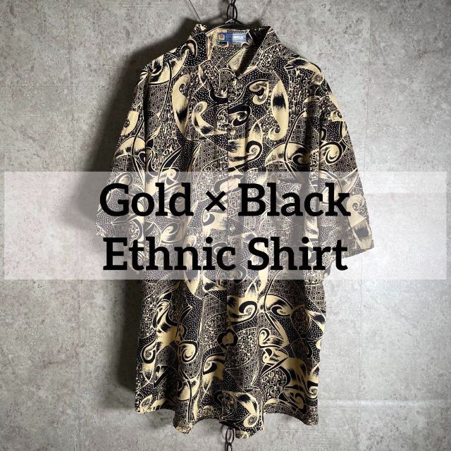タイ製 総柄クレイジーパターン 半袖シャツ アロハシャツ 金色×黒色 BK