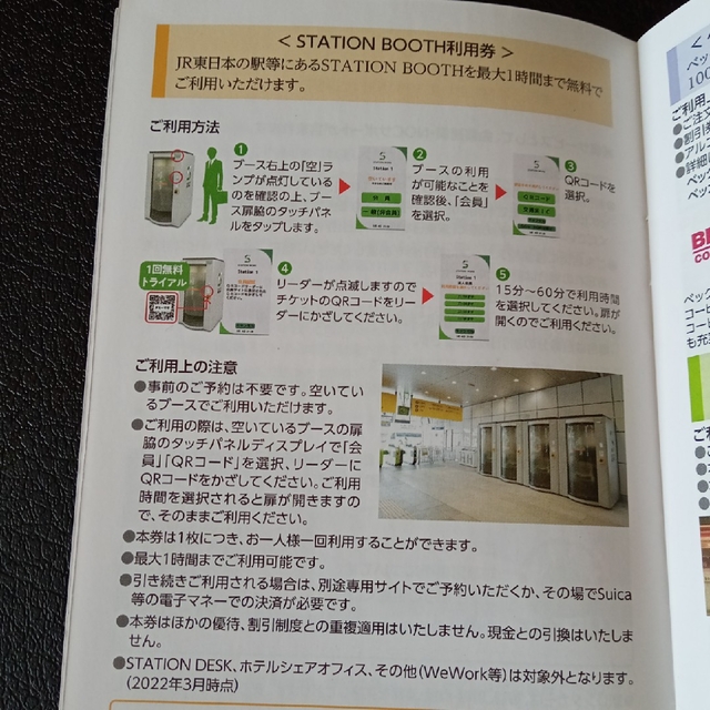 JR東日本 株主優待　ステーションブース 1時間無料券 ２枚  2時間分 チケットの施設利用券(その他)の商品写真