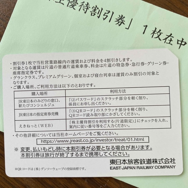 JR東日本　株主優待割引券 チケットの乗車券/交通券(鉄道乗車券)の商品写真