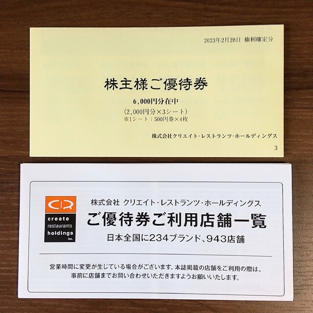 クリエイトレストランツ 株主優待券　５００円券　１２枚　合計 ６０００円分