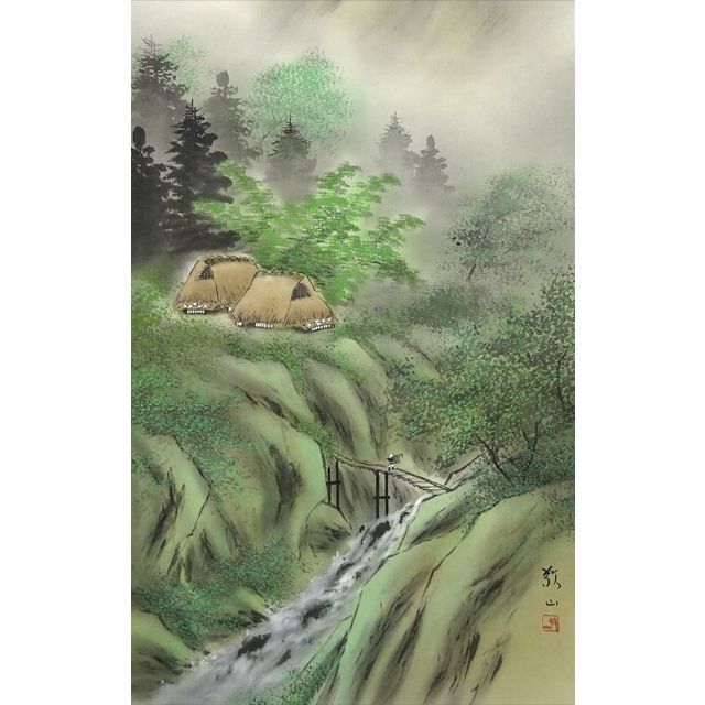 真作】掛軸 加茂敬山『彩色山水』絹本 肉筆 共箱付 掛け軸 g08266-