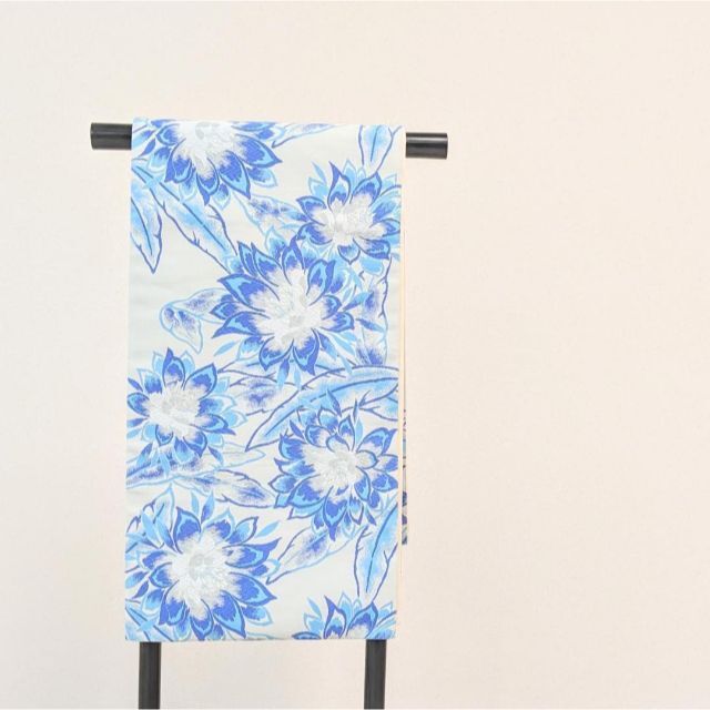 【新品・仕立て上がり】正絹 袋帯 カジュアル 振袖 白 青 モダン 西陣 b46のサムネイル