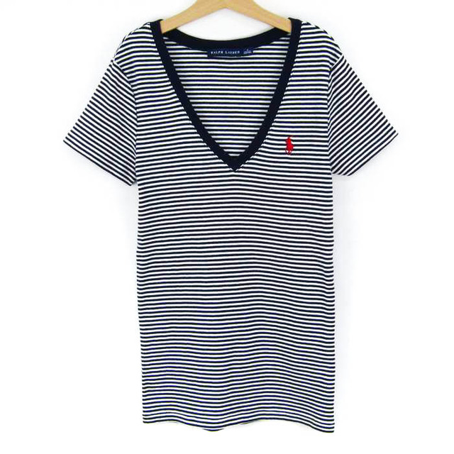 Ralph Lauren - ラルフローレン 半袖Tシャツ Vネック ボーダー コットン トップス レディース S 160/84Aサイズ ネイビー RALPH LAUREN