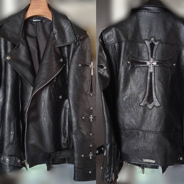 クロス レザー ダブル ライダースジャケット XL 1点限定 / シボ革 風