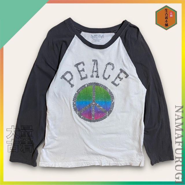 TAN 古着 白　グレー リンガ　ラグラン　PEACE　ラブアンドピース ロンT レディースのトップス(Tシャツ(長袖/七分))の商品写真