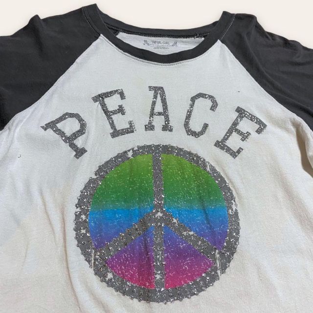 TAN 古着 白　グレー リンガ　ラグラン　PEACE　ラブアンドピース ロンT レディースのトップス(Tシャツ(長袖/七分))の商品写真