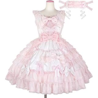 アンジェリックプリティー(Angelic Pretty)の恋するお姫様  JSK ヘッドドレスセット 白×ピンク(ひざ丈ワンピース)