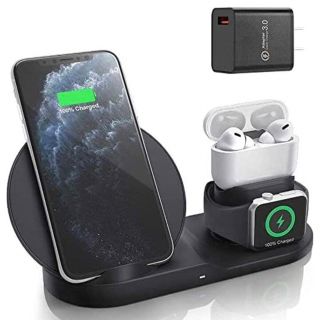 ワイヤレス充電器 forAirpods 3 in 1 充電スタンドアダプター付属(バッテリー/充電器)