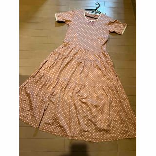 ピンクハウス(PINK HOUSE)のピンクハウス中古リボン🎀ドットティアードワンピース綿ピンク(ロングワンピース/マキシワンピース)