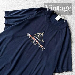 アートヴィンテージ(ART VINTAGE)の【vintage】ヨット 刺繍 レトロ デザイン ルーズ BIG Tシャツ 濃紺(Tシャツ/カットソー(半袖/袖なし))