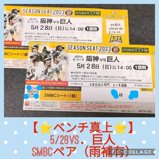 阪神タイガース(ハンシンタイガース)の【⭐ベンチ真上⭐】5/28(日)巨人戦SMBC席（ペア） チケットのスポーツ(野球)の商品写真