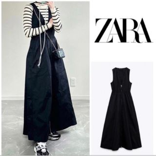 ザラ(ZARA)の【希少】ZARA ジッパー　ポプリン　ワンピース　ブラック　黒　【xs】(ロングワンピース/マキシワンピース)