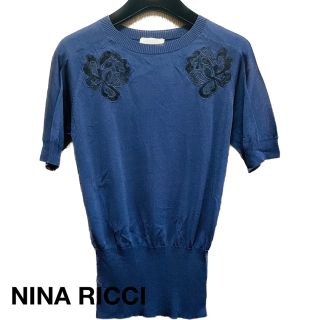 ニナリッチ(NINA RICCI)のNINA RICCI ニナリッチ ネイビーサマーニット  黒いレース花モチーフ入(ニット/セーター)