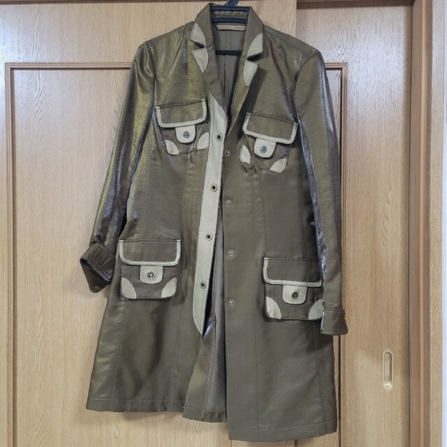 美品 伊太利屋 ロングジャケット ショールカラー フリル ラメ糸