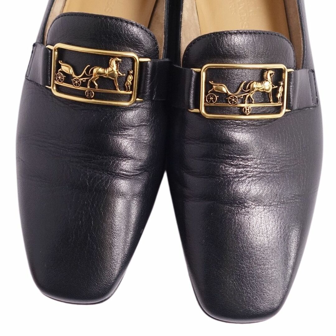 美品 エルメス HERMES タイム ローファー スリッポン Time loafer タイムローファー ゴールド馬車金具 ゴートスキン シューズ  レディース 34.5(22cm相当) ブラック