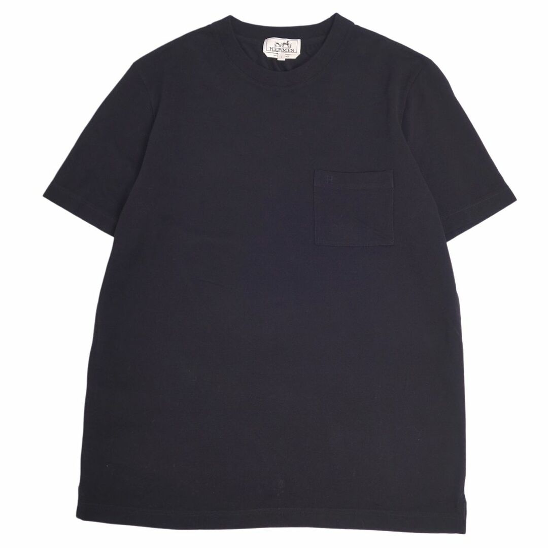 美品 エルメス HERMES Tシャツ カットソー 半袖 ショートスリーブ 鹿の子 Hロゴ刺繍 コットン トップス メンズ L ブラック