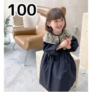 花柄 ワンピース 女の子 子ども服 ビックカラー 100 ぽわん袖  黒(ワンピース)