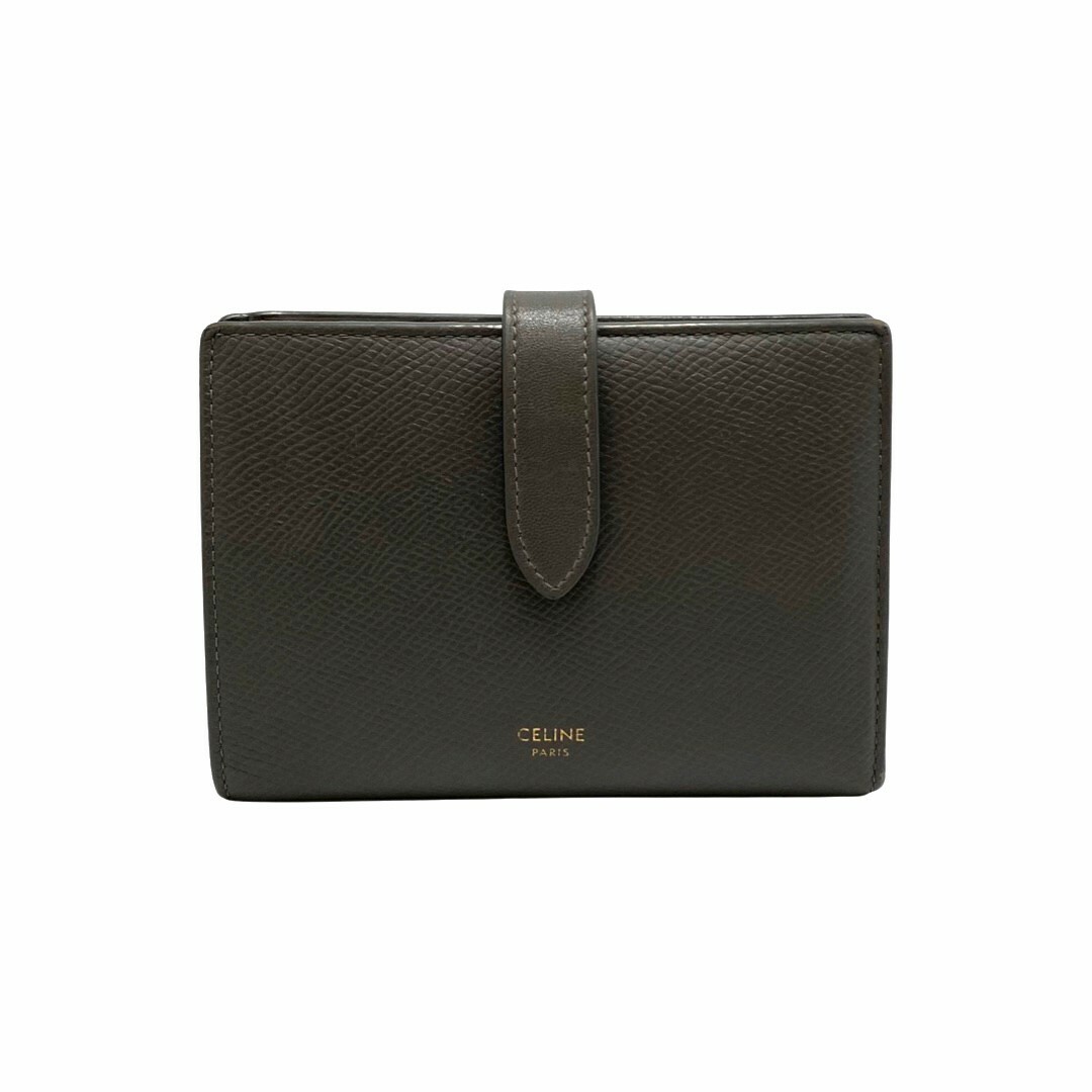 極 美品 保存箱 保存袋付 CELINE セリーヌ ミディアム ストラップウォレット レザー 二つ折り 財布 折り財布 ミニ ウォレット グレー k1956