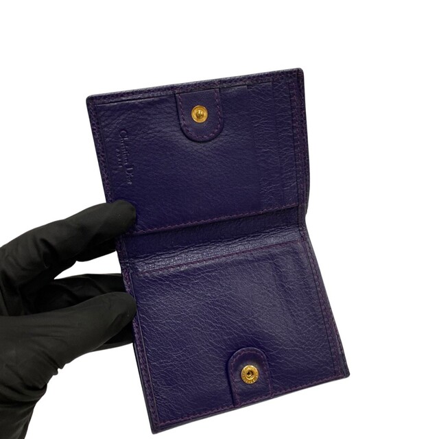 ほぼ未使用 希少品 Christian Dior ディオール ヴィンテージ ロゴ 金具 レザー 二つ折り 財布 折り財布 ミニ ウォレット パープル 34299