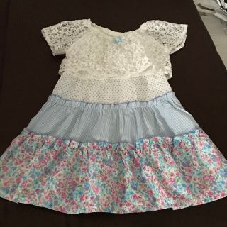 130cm ワンピースキッズ用 ワンピ　水色　レース　夏用　花柄