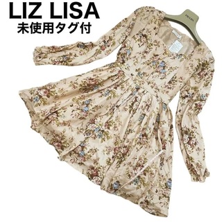 リズリサ(LIZ LISA)の未使用タグ付き　LIZ LISA 花柄ワンピース　リボン　プリーツ　金ボタン(ミニワンピース)